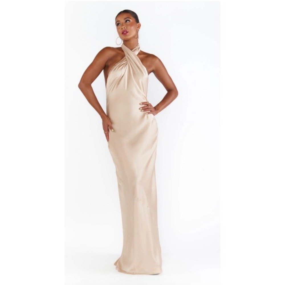 Show Me Your Mumu Jasmine‎ Halter Maxi Dress in Champagne Luxe Satin Bridesmaid
